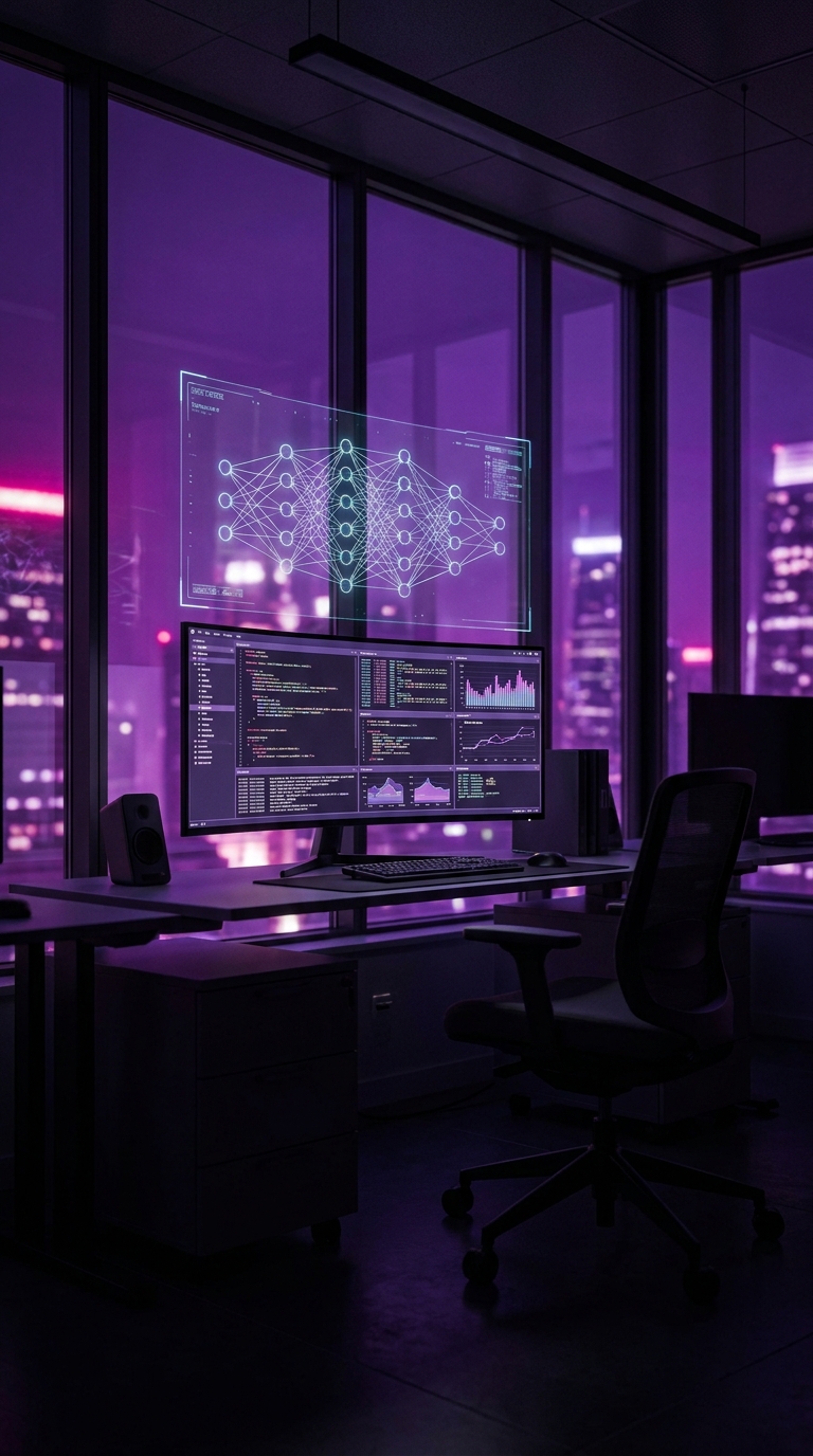Bureau vide la nuit, un poste de travail allum&eacute; o&ugrave; un agent IA travaille seul pendant des heures &mdash; illustration de l'autonomie longue dur&eacute;e de Fable 5.