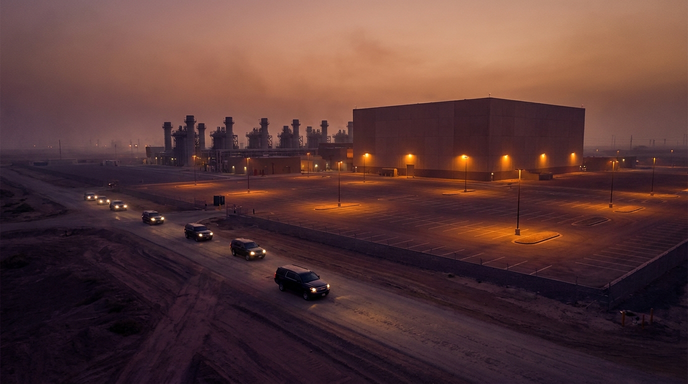 Approche du datacenter au cr&eacute;puscule, &eacute;clairage industriel ambiant