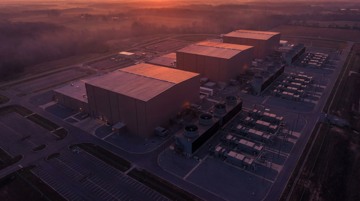 Vue ext&eacute;rieure du datacenter Colossus depuis le ciel, turbines &agrave; gaz align&eacute;es