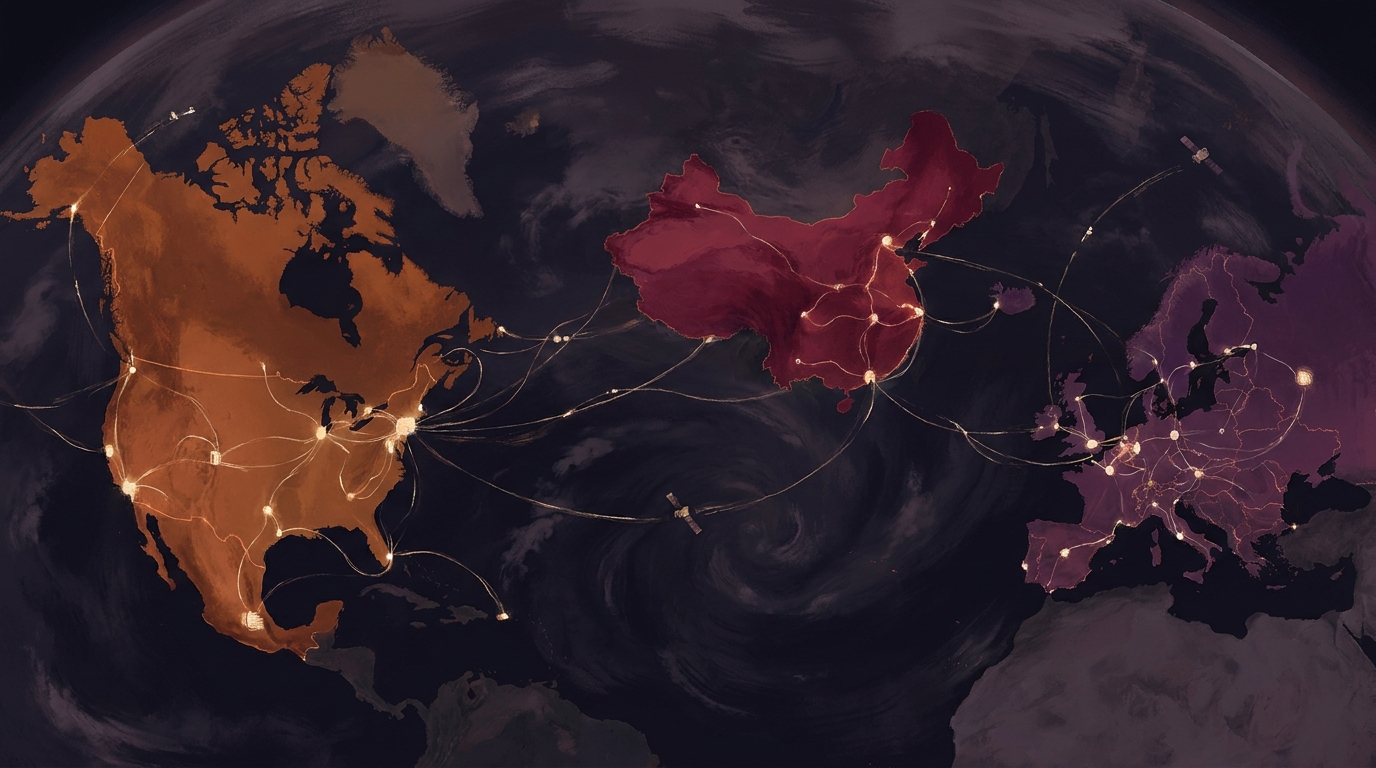 Trois continents vus depuis l'orbite, r&eacute;seaux de datacenters reliant les États-Unis, la Chine et l'Europe