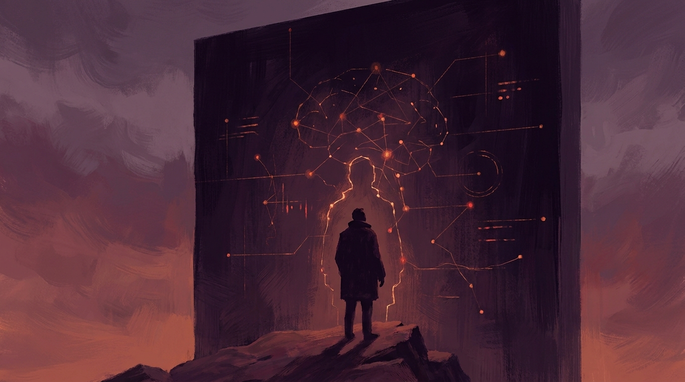 Illustration &eacute;ditoriale &mdash; figure humaine face &agrave; une surface qui refl&egrave;te sa propre cognition