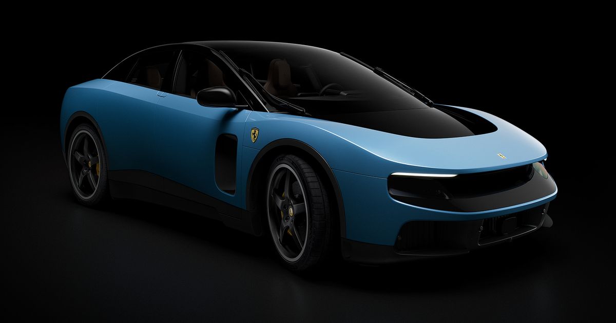 Ferrari Luce, première voiture 100 % électrique de Ferrari, dévoilée en mai 2026 et dessinée par le studio LoveFrom de Jony Ive et Marc Newson : carrosserie bleue en goutte d'eau sur fond noir.