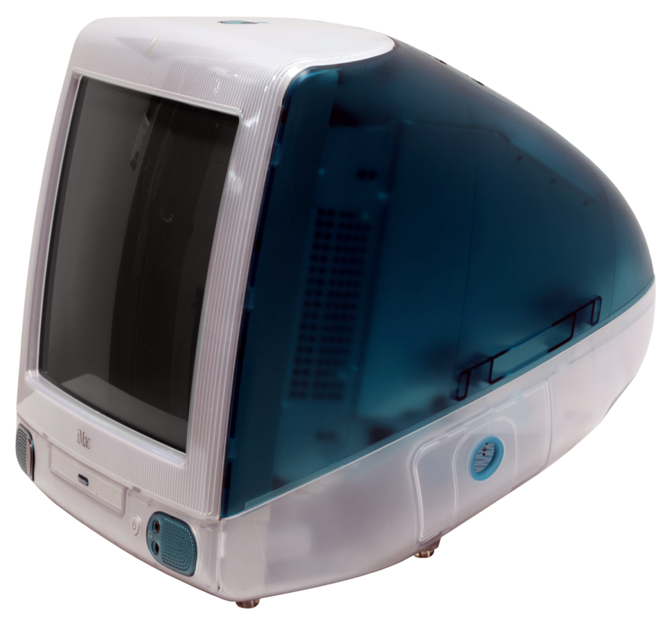 iMac G3 Bondi Blue de 1998, premier grand succès du design de Jony Ive chez Apple.