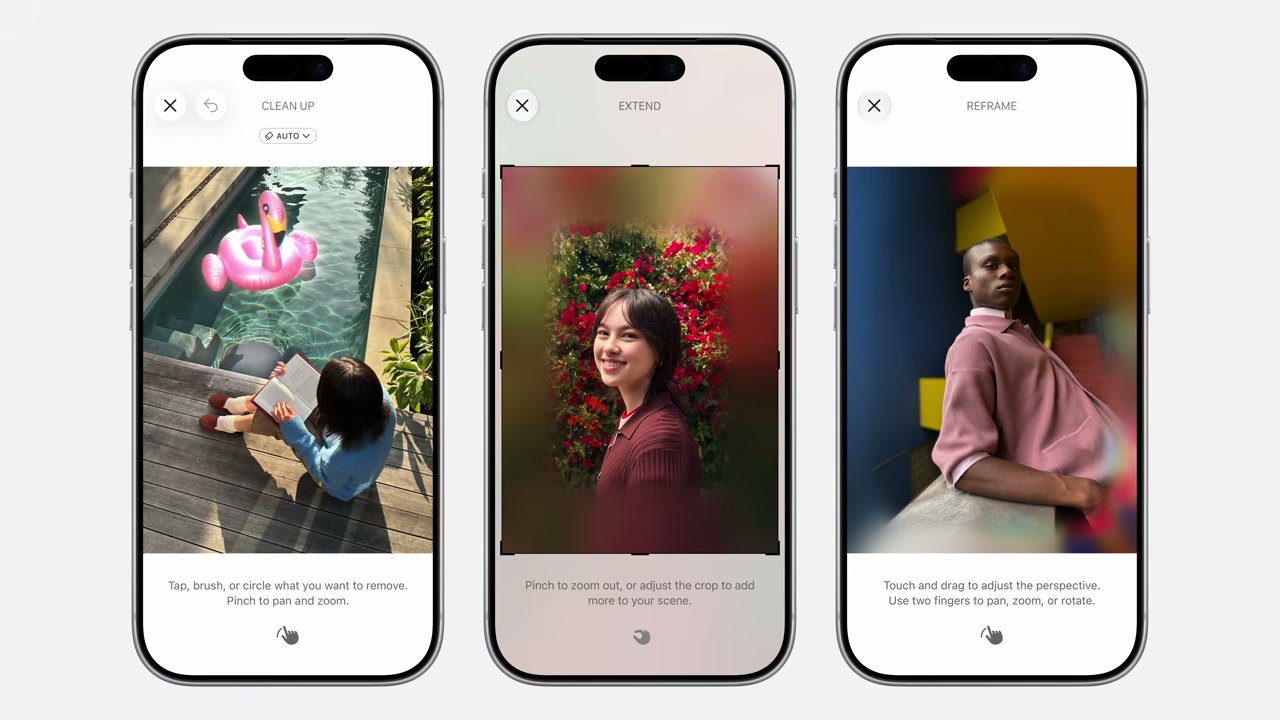 Retouche photo générative dans iOS 27 : trois iPhone montrent les outils Cleanup (effacer un objet), Reframe et Extend appliqués à des photos pendant la keynote WWDC 2026.