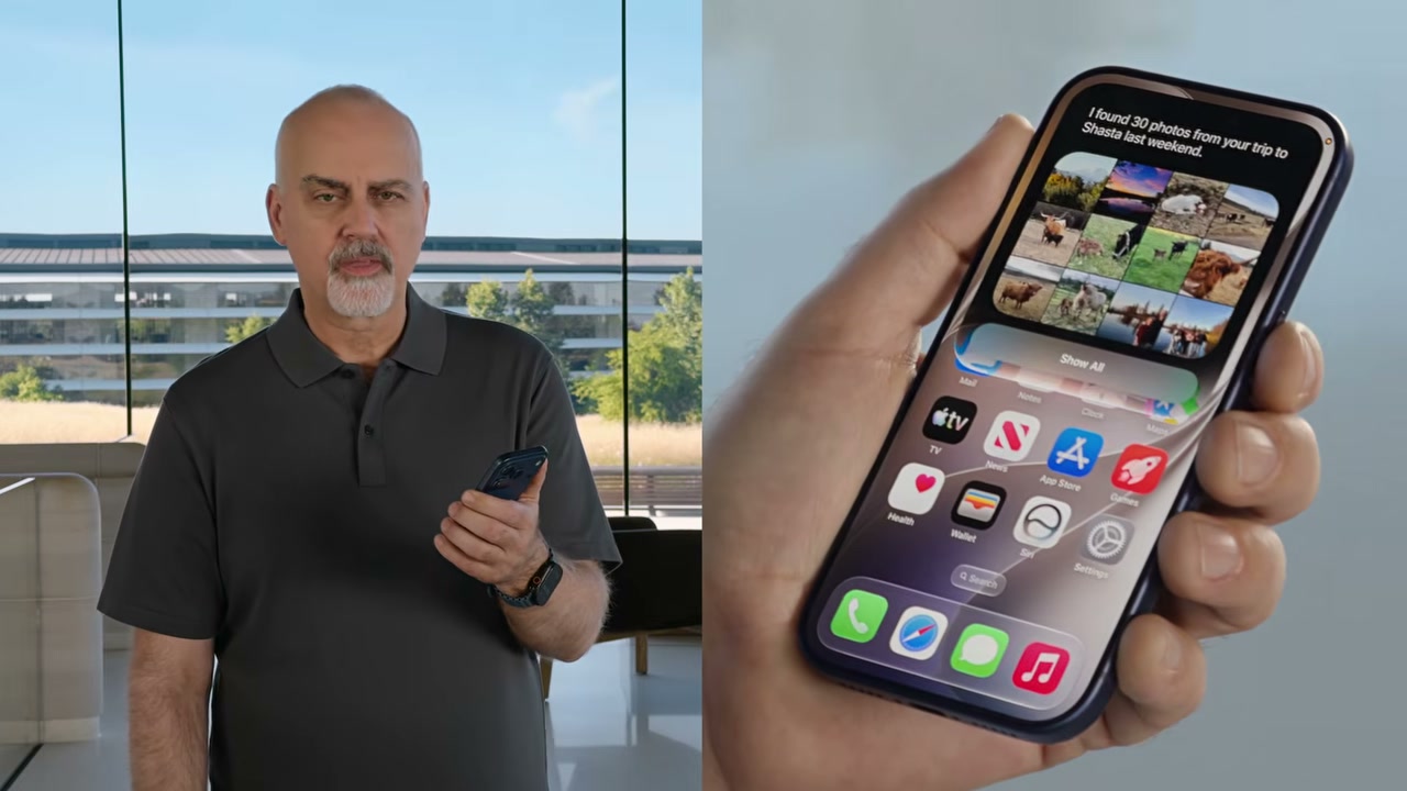 Démo Siri à la WWDC 2026 : sur l'écran d'accueil de l'iPhone, Siri répond « I found 30 photos from your trip to Shasta last weekend » et affiche une grille de photos, en croisant le contexte sans ouvrir l'app Photos.