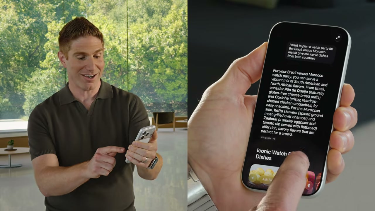 Nouvelle app Siri autonome démontrée à la WWDC 2026 : à la requête « I want to plan a watch party for the Brazil versus Morocco match, give me iconic dishes from both countries », Siri rédige une réponse détaillée avec plats brésiliens et marocains et cite ses sources.