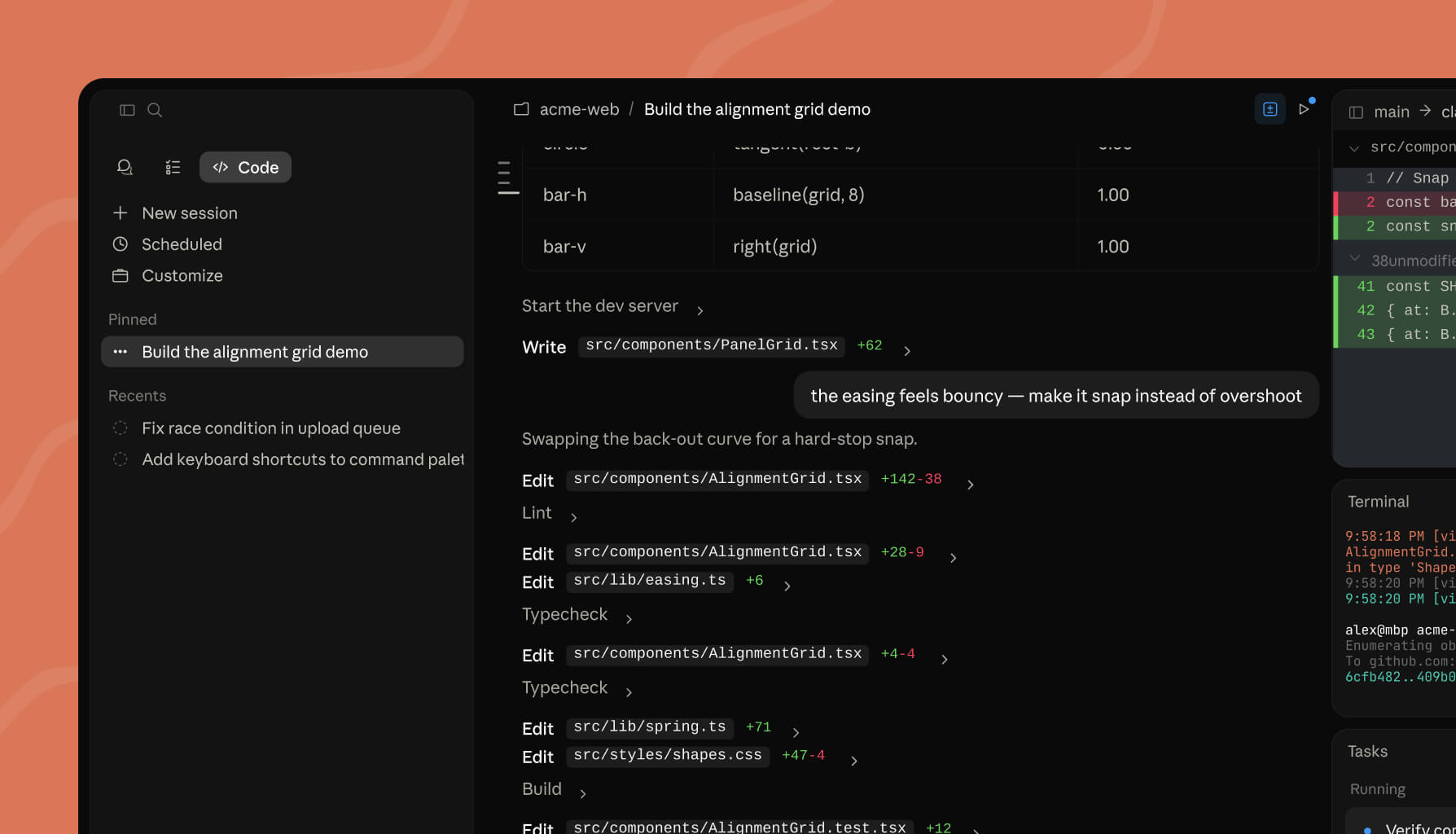Capture officielle Anthropic montrant l'interface de Claude Code avec la liste des sessions parall&egrave;les, le terminal int&eacute;gr&eacute; et l'&eacute;diteur de fichiers.