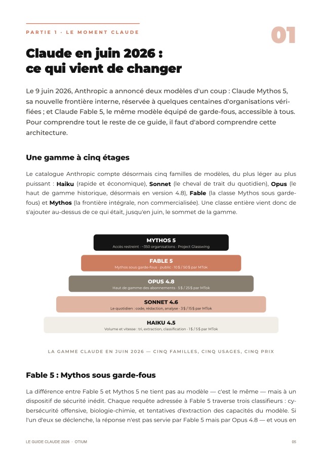 Extrait du guide : la gamme Claude en juin 2026, pyramide des cinq familles de mod&egrave;les
